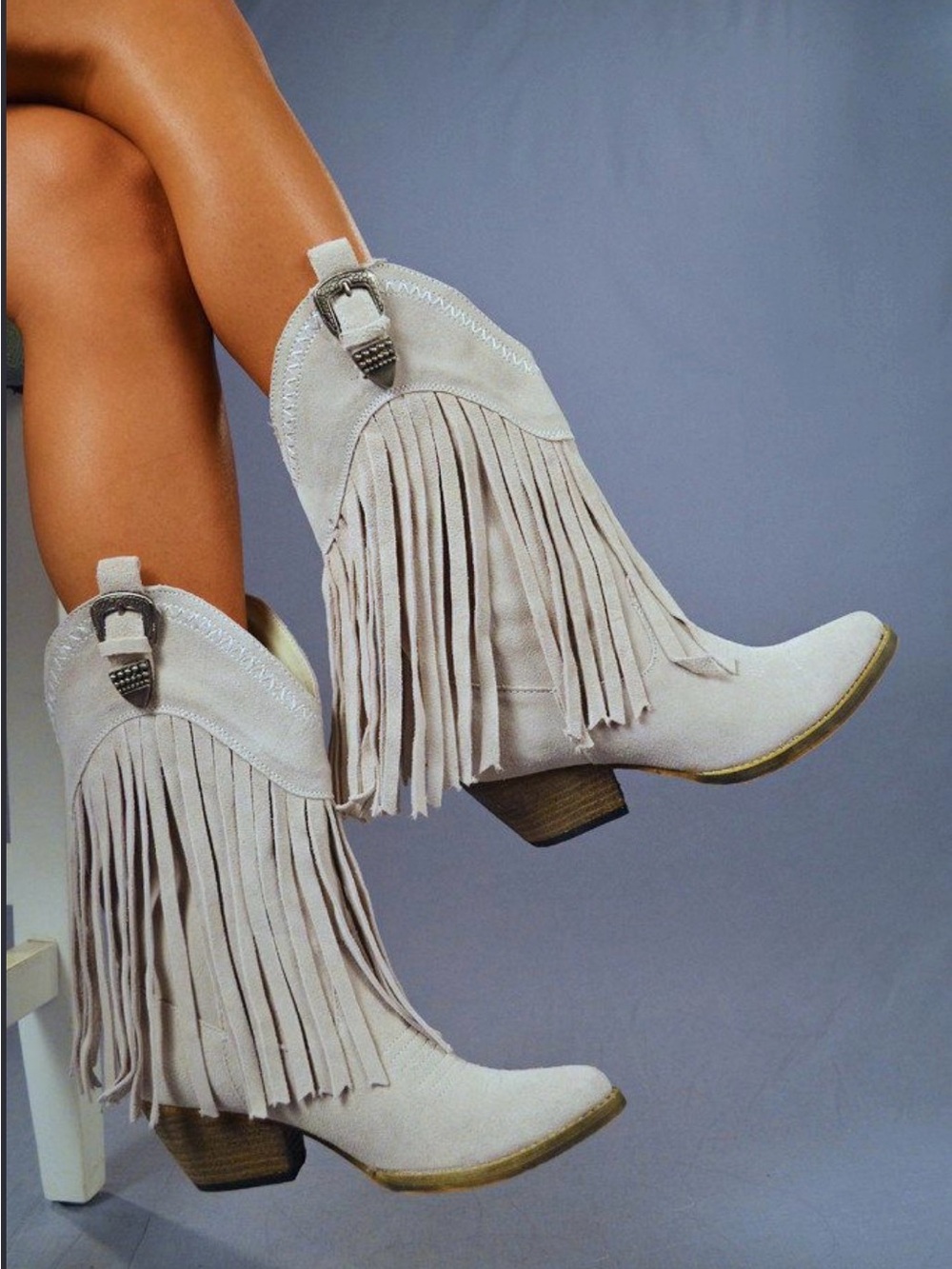 Very Volatile Light Beige Fringe Suede Ankle Boots